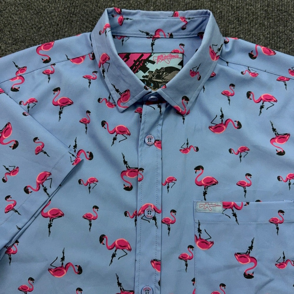 Retro Rifle Tactimingo Shirt Mens M Blue Flamingo Tactical Novelty Camp Summer